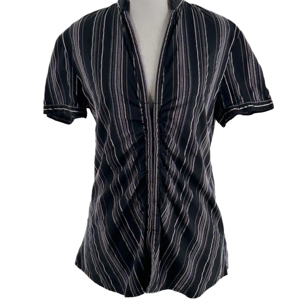 New York & Company stretch striped blouse size 10 black white ruched v-neck 90s